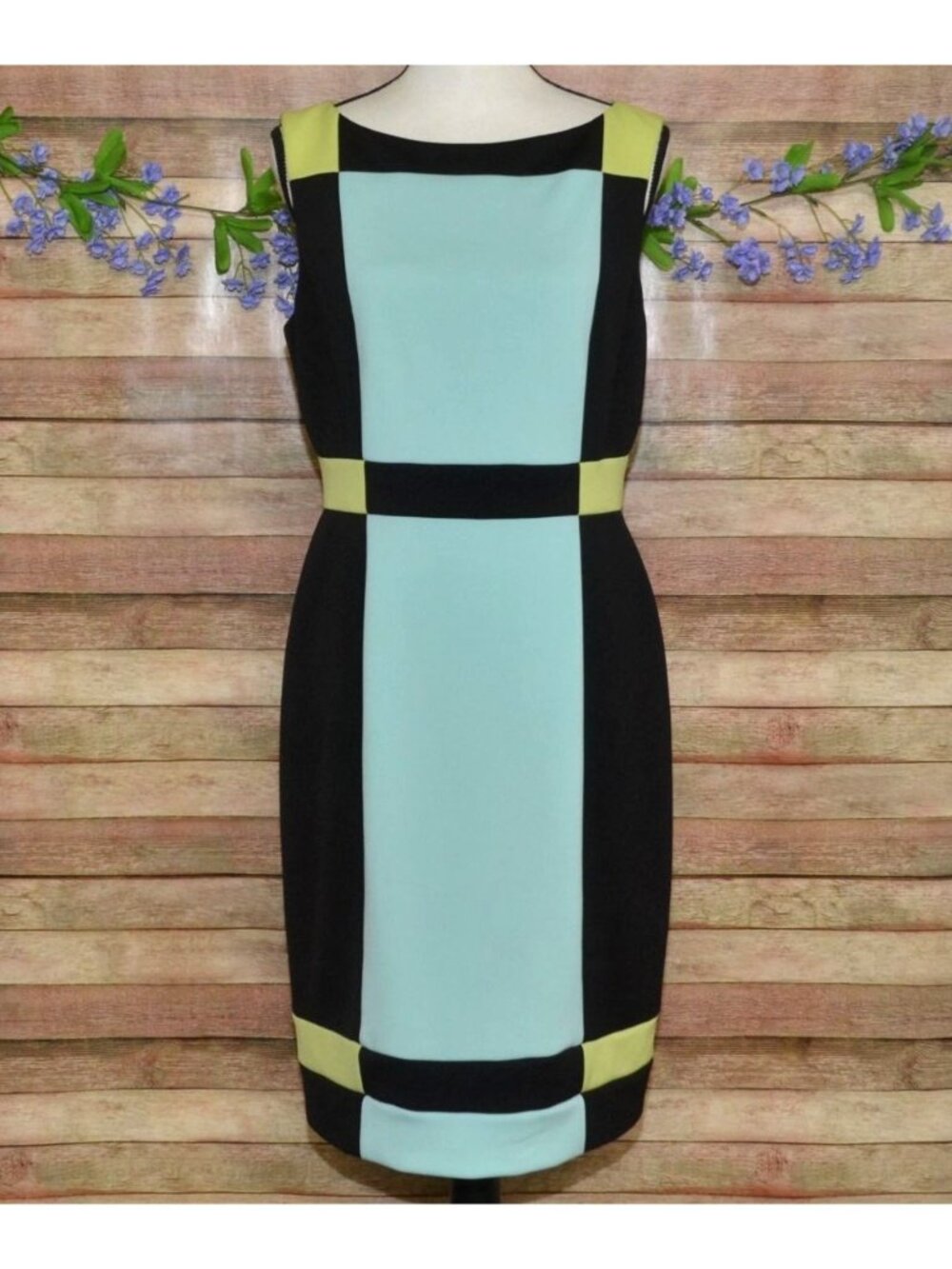 Maggy London Size 14 Color Block Sheath Dress Black Aqua Sleeveless Career